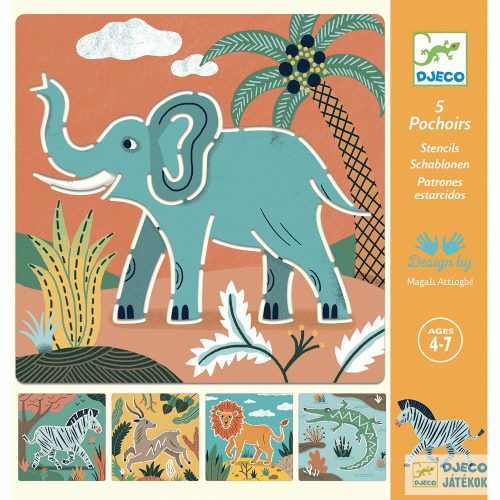 Stencils - Wild animals, Vadállatos 5 db-os Djeco rajzsaboln készlet - 8916